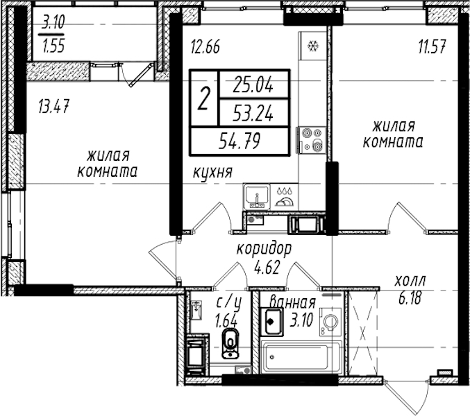 2-комнатная квартира 54.79 м², 12/16 эт., ЖК «Северная Долина»